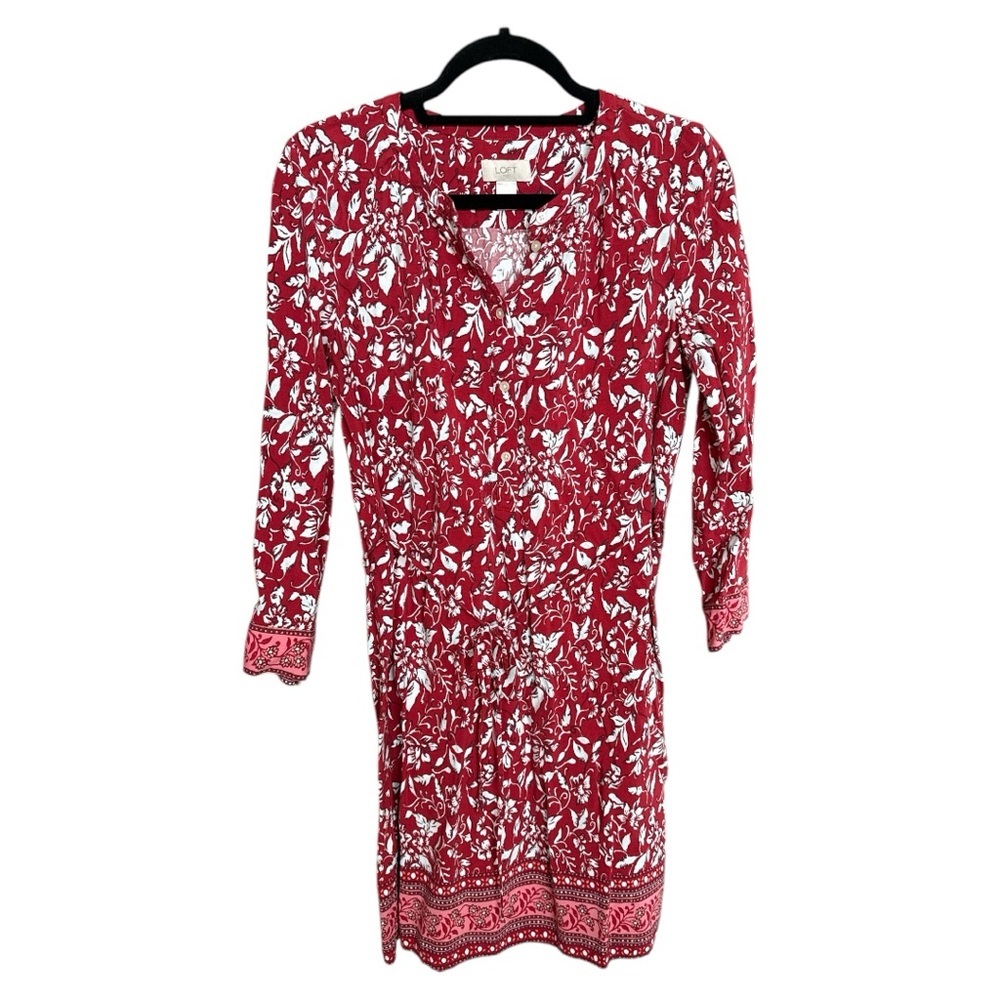 LOFT Women’s Red & White Midi Shift Dress with Tie Belt Size Medium